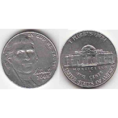 سکه 5 سنت - نیکل مس - آمریکا 2008 غیر بانکی