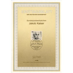 برگه اولین روز انتشار تمبر صدمین سالگرد تولد یاکوب قیصر، سیاستمدار - جمهوری فدرال آلمان 1988