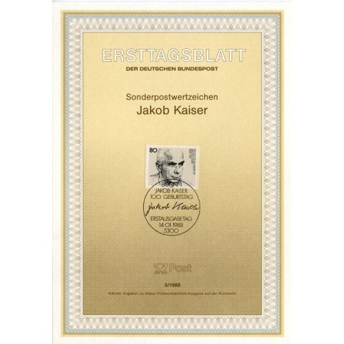 برگه اولین روز انتشار تمبر صدمین سالگرد تولد یاکوب قیصر، سیاستمدار - جمهوری فدرال آلمان 1988