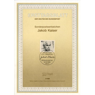 برگه اولین روز انتشار تمبر صدمین سالگرد تولد یاکوب قیصر، سیاستمدار - جمهوری فدرال آلمان 1988