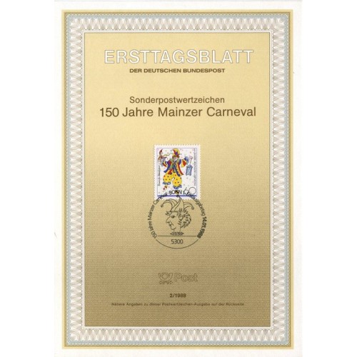 برگه اولین روز انتشار تمبر صد و پنجاهمین سالگرد کارناوال ماینتس - جمهوری فدرال آلمان 1988