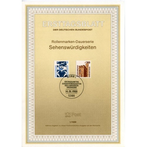 برگه اولین روز انتشار تمبرهای مناظر دیدنی - جمهوری فدرال آلمان 1988