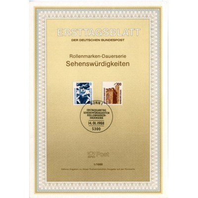 برگه اولین روز انتشار تمبرهای مناظر دیدنی - جمهوری فدرال آلمان 1988