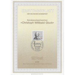 برگه اولین روز انتشار تمبر دویستمین سالگرد مرگ کریستوف ویلیبالد گلوک، آهنگساز - جمهوری فدرال آلمان 1987