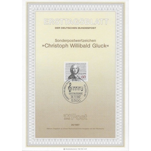برگه اولین روز انتشار تمبر دویستمین سالگرد مرگ کریستوف ویلیبالد گلوک، آهنگساز - جمهوری فدرال آلمان 1987