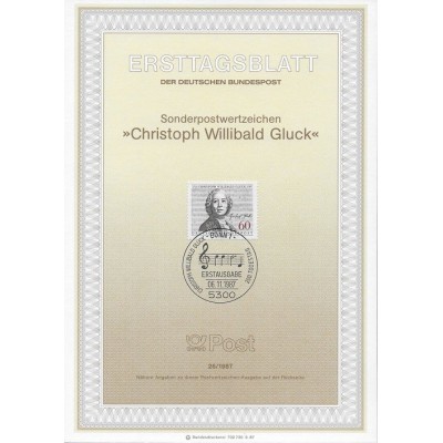 برگه اولین روز انتشار تمبر دویستمین سالگرد مرگ کریستوف ویلیبالد گلوک، آهنگساز - جمهوری فدرال آلمان 1987