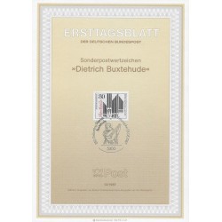 برگه اولین روز انتشار تمبر سی و پنجاهمین سالگرد تولد دیتریش بوکسهود، آهنگساز و نوازنده ارگ - جمهوری فدرال آلمان 1987