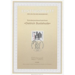برگه اولین روز انتشار تمبر سی و پنجاهمین سالگرد تولد دیتریش بوکسهود، آهنگساز و نوازنده ارگ - جمهوری فدرال آلمان 1987