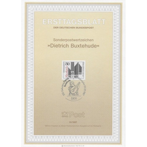 برگه اولین روز انتشار تمبر سی و پنجاهمین سالگرد تولد دیتریش بوکسهود، آهنگساز و نوازنده ارگ - جمهوری فدرال آلمان 1987