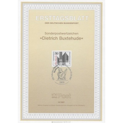 برگه اولین روز انتشار تمبر سی و پنجاهمین سالگرد تولد دیتریش بوکسهود، آهنگساز و نوازنده ارگ - جمهوری فدرال آلمان 1987