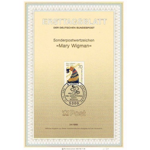 برگه اولین روز انتشار تمبر مری ویگمن - رقصنده - جمهوری فدرال آلمان 1986
