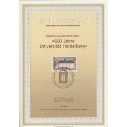 برگه اولین روز انتشار تمبر پانصدمین سالگرد تاسیس دانشگاه هایدلبرگ- جمهوری فدرال آلمان 1986