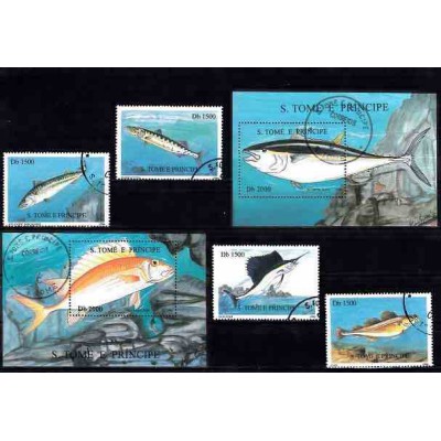 2 عدد شیت و 4 عدد تمبر ماهیها - با مهر صادراتی - سنت تام و پرینسپ 1996