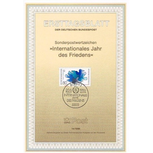 برگه اولین روز انتشار تمبر سال جهانی صلح- جمهوری فدرال آلمان 1986