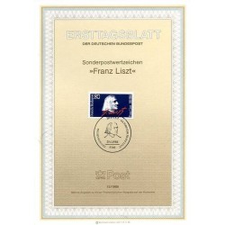 برگه اولین روز انتشار تمبر صدمین سالگرد تولد فرانتس لیست، آهنگساز و پیانیست - جمهوری فدرال آلمان 1986