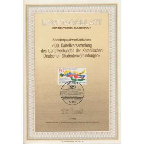 برگه اولین روز انتشار تمبر صدمین سالگرد انجمن دانش آموزی کاتولیک - جمهوری فدرال آلمان 1986
