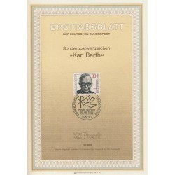 برگه اولین روز انتشار تمبر صدمین سالگرد درگذشت کارل بارت، متکلم - جمهوری فدرال آلمان 1986
