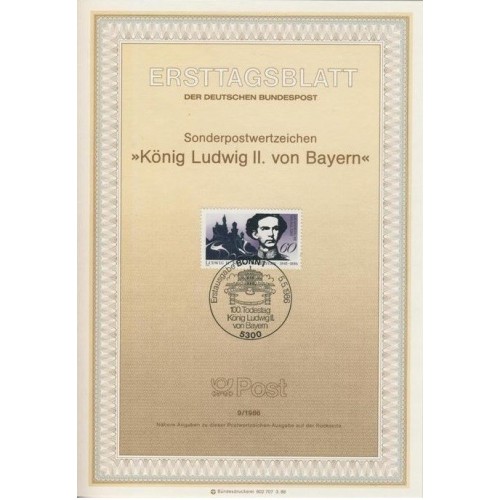 برگه اولین روز انتشار تمبر صدمین سالگرد مرگ لودویگ دوم پادشاه بایرن - جمهوری فدرال آلمان 1986