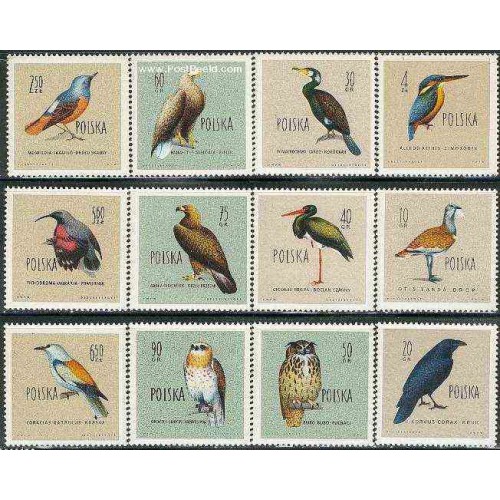 12 عدد تمبر پرندگان حفاظت شده - لهستان 1960