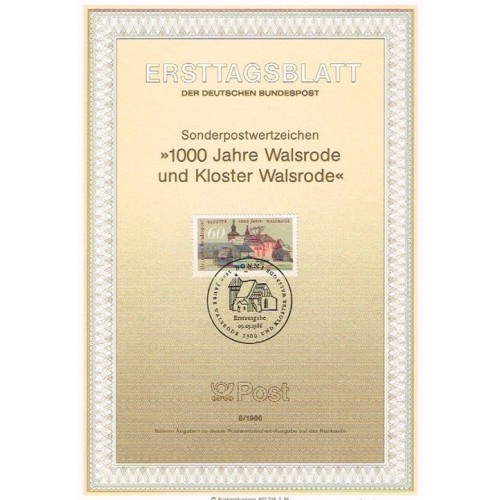 برگه اولین روز انتشار تمبر هزارمین سالگرد کلیسای جامع والسرود - جمهوری فدرال آلمان 1986