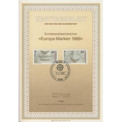 برگه اولین روز انتشار تمبر تمبرهای اروپا - حفاظت از طبیعت - جمهوری فدرال آلمان 1986