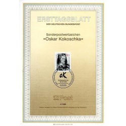برگه اولین روز انتشار تمبر صدمین سالگرد تولد اسکار کوکوشکا، نقاش و شاعر - جمهوری فدرال آلمان 1986