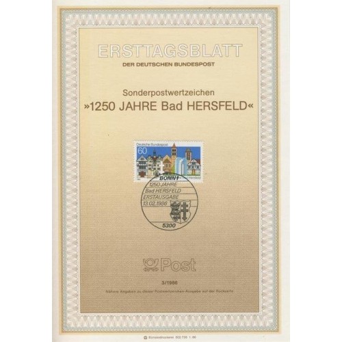 برگه اولین روز انتشار تمبر 1250مین سالگرد هرسفلد بد - جمهوری فدرال آلمان 1986