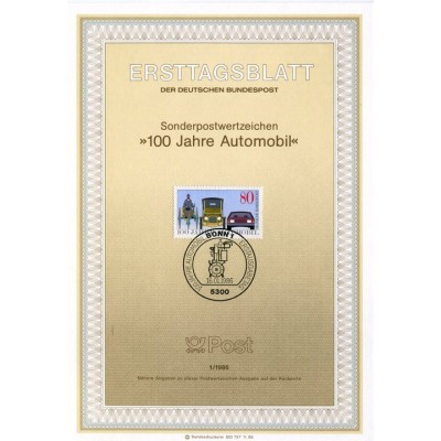 برگه اولین روز انتشار تمبر صدمین سالگرد صنعت خودرو - جمهوری فدرال آلمان 1986