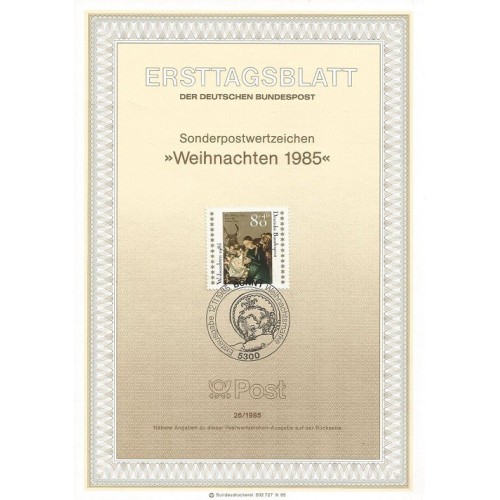 برگه اولین روز انتشار تمبر کریسمس - جمهوری فدرال آلمان 1985