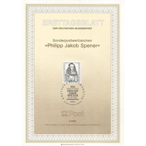 برگه اولین روز انتشار تمبر 350مین سالگرد تولد فیلیپ یاکوب اسپنر، متکلم - جمهوری فدرال آلمان 1985