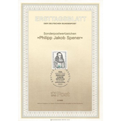 برگه اولین روز انتشار تمبر 350مین سالگرد تولد فیلیپ یاکوب اسپنر، متکلم - جمهوری فدرال آلمان 1985