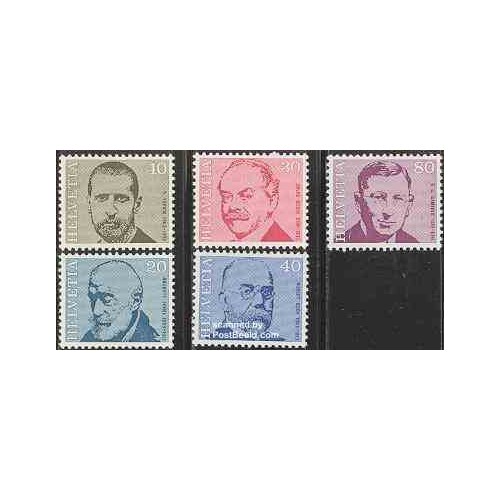 5 عدد تمبر پزشکان مشهور - کخ ، یرسین ، گونین ، فورل ، بانتینگ - سوئیس 1971
