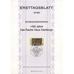 برگه اولین روز انتشار تمبر صد و پنجاهمین سالگرد تأسیس "Das Rauhe Haus" در هامبورگ - جمهوری فدرال آلمان 1983