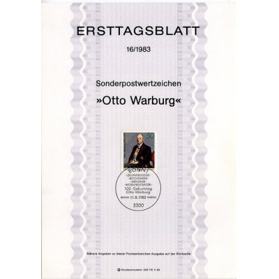 برگه اولین روز انتشار تمبر صدمین سالگرد تولد اتو واربورگ، شیمیدان- جمهوری فدرال آلمان 1983