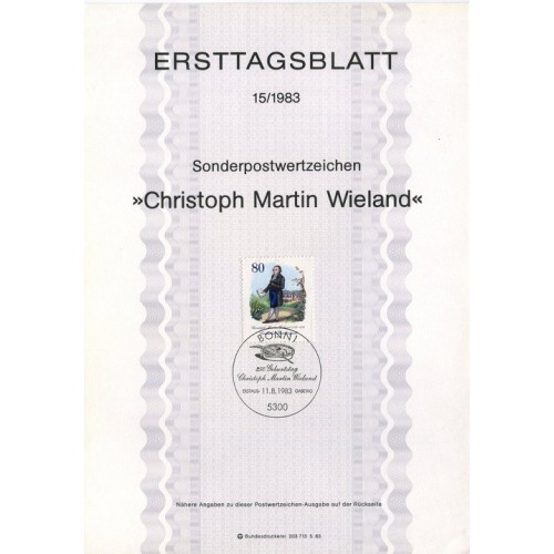 برگه اولین روز انتشار تمبر دویست و پنجاهمین سالگرد تولد سی. مارتین ویلند، شاعر  - جمهوری فدرال آلمان 1983