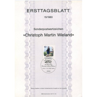 برگه اولین روز انتشار تمبر دویست و پنجاهمین سالگرد تولد سی. مارتین ویلند، شاعر  - جمهوری فدرال آلمان 1983