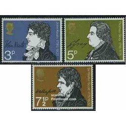 3 عدد تمبر شاعران - توماس گری ،والتر اسکات ، جان کیتس - انگلیس 1971