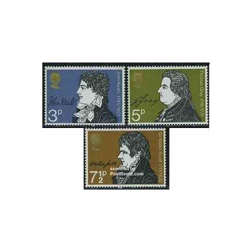3 عدد تمبر شاعران - توماس گری ،والتر اسکات ، جان کیتس - انگلیس 1971