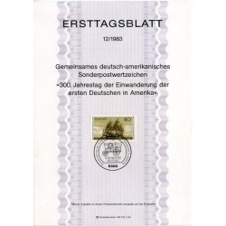 برگه اولین روز انتشار تمبر سیصدمین سالگرد اولین مهاجران در آمریکا - جمهوری فدرال آلمان 1983