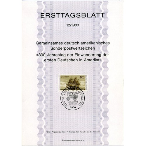 برگه اولین روز انتشار تمبر سیصدمین سالگرد اولین مهاجران در آمریکا - جمهوری فدرال آلمان 1983