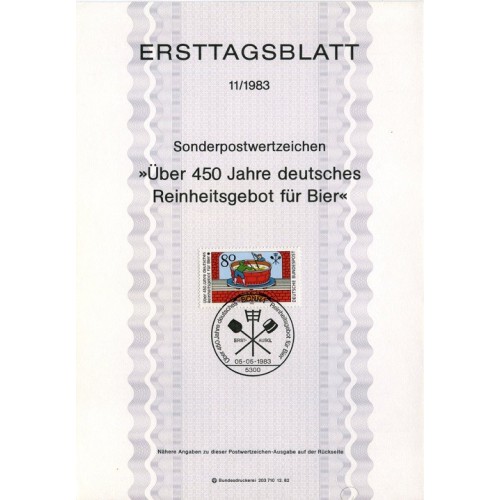 برگه اولین روز انتشار تمبر 450 سالگرد. قانون خلوص آبجو - جمهوری فدرال آلمان 1983