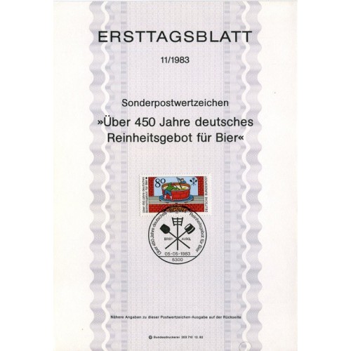 برگه اولین روز انتشار تمبر 450 سالگرد. قانون خلوص آبجو - جمهوری فدرال آلمان 1983