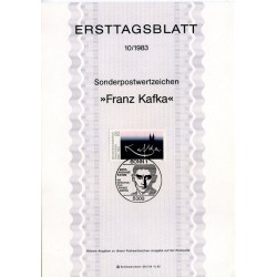 برگه اولین روز انتشار تمبر صدمین سالگرد تولد فرانتس کافکا. نویسنده - جمهوری فدرال آلمان 1983