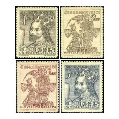 4 عدد  تمبر ششصدمین سالگرد تأسیس دانشگاه کارل در پراگ - چک اسلواکی 1948