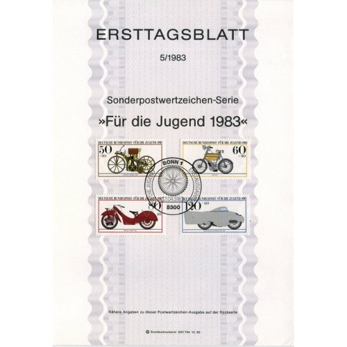 برگه اولین روز انتشار تمبر های خوابگاه جوانان - موتورسیکلت های تاریخی- جمهوری فدرال آلمان 1983