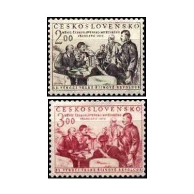 2 عدد  تمبر سی و پنجمین سالگرد انقلاب روسیه - لنین و استالین - چک اسلواکی 1952