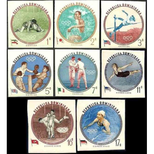 8 عدد تمبر بازیهای المپیک ملبورن - تصویر جهان پهلوان تختی  و پرچم ایران - بیدندانه - جمهوری دومنیکن 1960