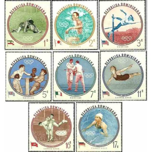 8 عدد تمبر بازیهای المپیک ملبورن - تصویر جهان پهلوان تختی  و پرچم ایران - جمهوری دومنیکن 1960