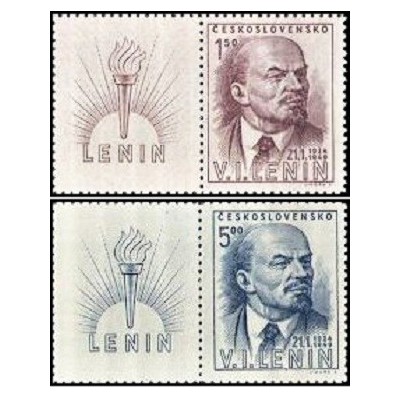 2 عدد  تمبر بیست و پنجمین سالگرد درگذشت ولادیمیر لنین - با تب - چک اسلواکی 1949