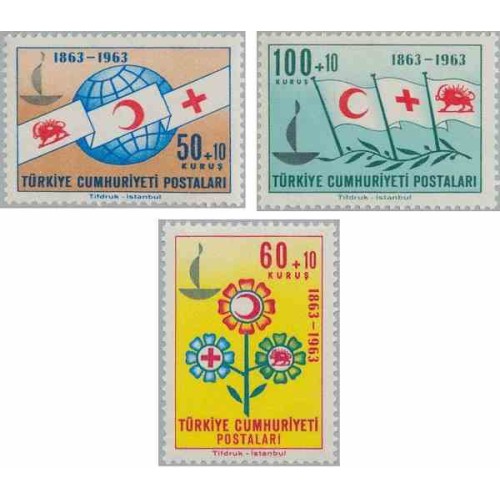 3 عدد تمبر  صدمین سالروز صلیب سرخ - شیر و خورشید - ترکیه 1963